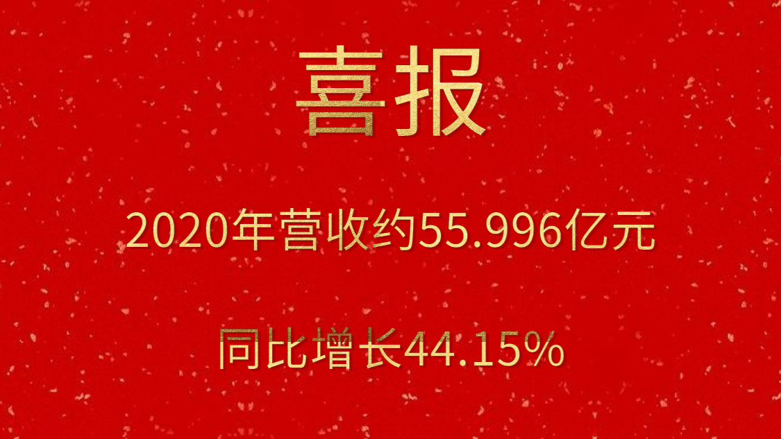 喜报！2020年营收约55.996亿元，，，，，同比增添44.15%